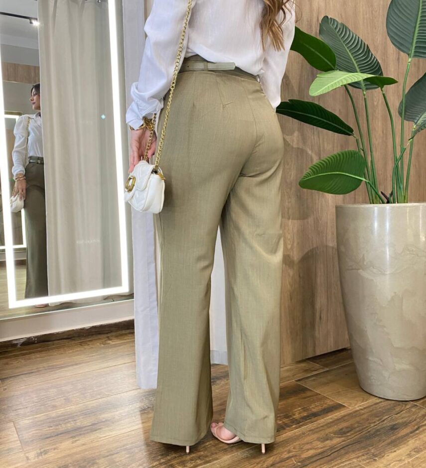 Calça Feminina Social Tassila Pantalona com Cinto Verde Semente - Fernanda Ramos Store