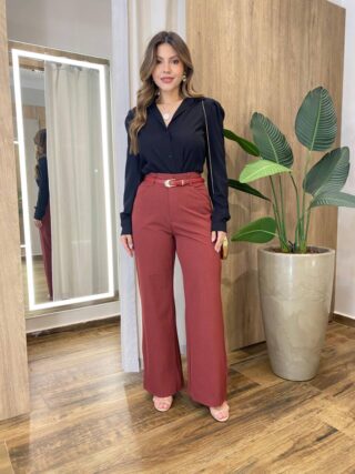 Calça Feminina Social Tassila Pantalona com Cinto Vinho - Fernanda Ramos Store