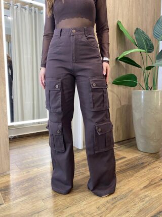 Calça Feminina Stephani Wide Leg Cargo Marrom 12387 - Fernanda Ramos Store