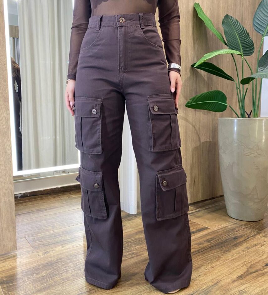 Calça Feminina Stephani Wide Leg Cargo Marrom 12387 - Fernanda Ramos Store
