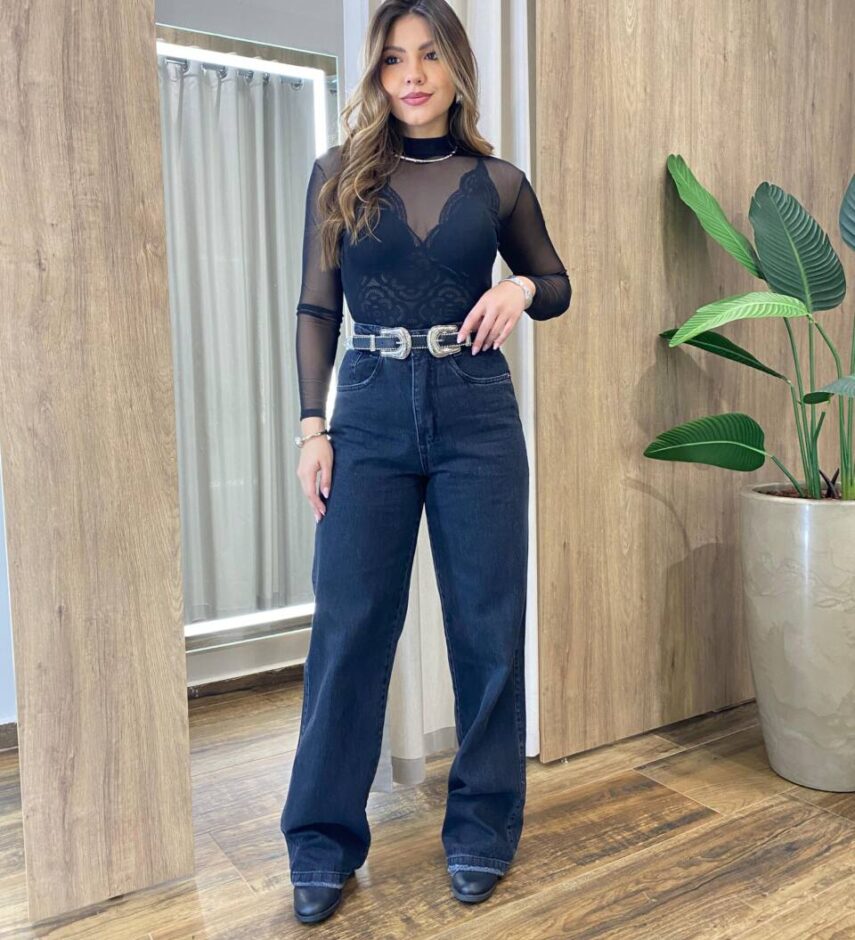 Calça Feminina Super Wide Leg Detalhes Destroyed Preta 350 - Fernanda Ramos Store