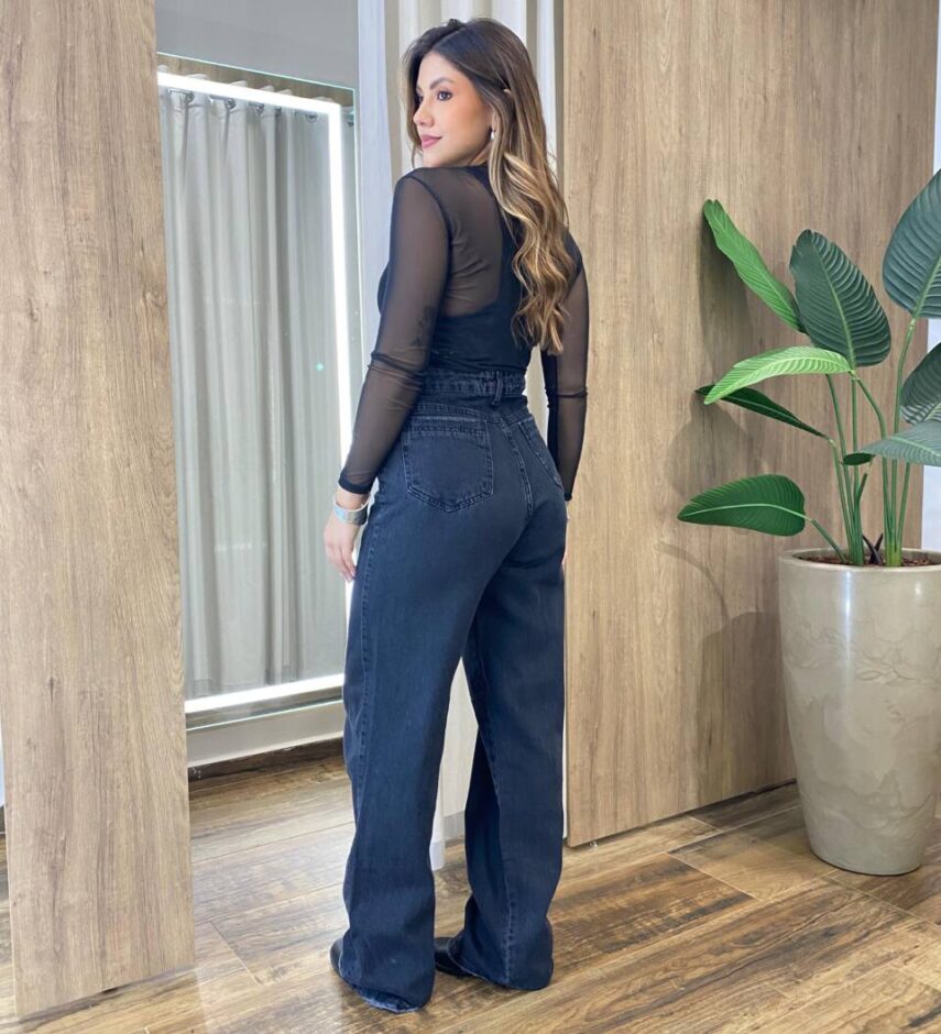 Calça Feminina Super Wide Leg Detalhes Destroyed Preta 350 - Fernanda Ramos Store