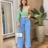 Calça Feminina Wide Leg Jeans Claro com Bolsos - Fernanda Ramos Store