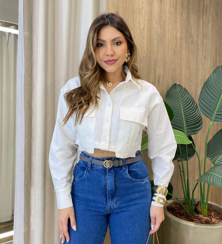 Camisa Cropped Feminino Cintia Manga Longa com Botões Off White - Fernanda Ramos Store