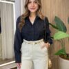 Camisa Feminina Social Manga Longa com Bordado Abstrato Preta - Fernanda Ramos Store