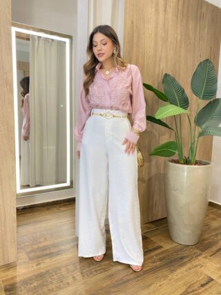 Camisa Feminina Social Manga Longa com Bordado Abstrato Rosê - Fernanda Ramos Store