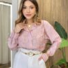 Camisa Feminina Social Manga Longa com Bordado Abstrato Rosê - Fernanda Ramos Store