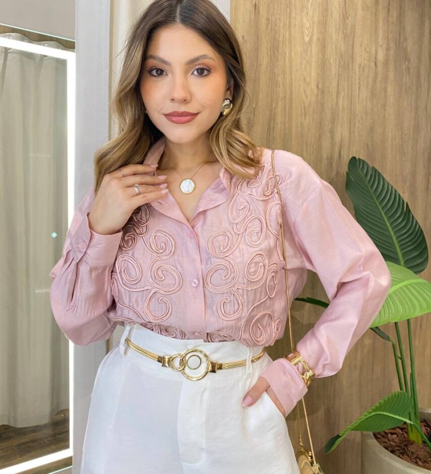 Camisa Feminina Social Manga Longa com Bordado Abstrato Rosê - Fernanda Ramos Store