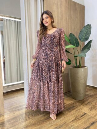 Chemise Feminino Tule Longo Manga Longa Animal Print Rosa - Fernanda Ramos Store