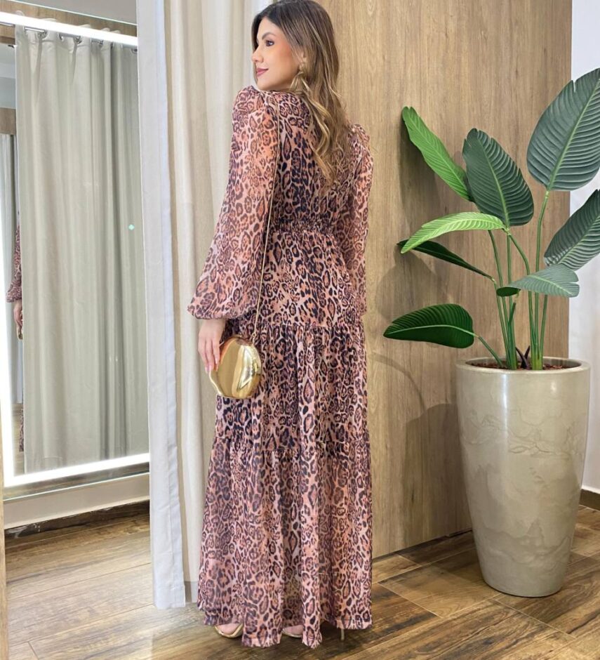 Chemise Feminino Tule Longo Manga Longa Animal Print Rosa - Fernanda Ramos Store