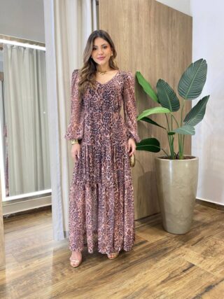 Chemise Feminino Tule Longo Manga Longa Animal Print Rosa - Fernanda Ramos Store