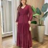 Chemise Feminino Tule Longo Manga Longa Bordô Liso - Fernanda Ramos Store