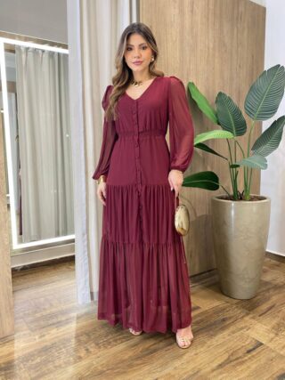 Chemise Feminino Tule Longo Manga Longa Bordô Liso - Fernanda Ramos Store