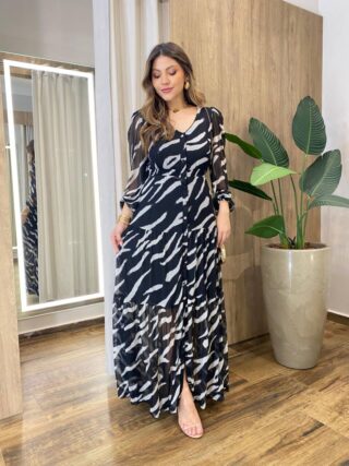 Chemise Feminino Tule Longo Manga Longa Riscado Transversal Preto - Fernanda Ramos Store