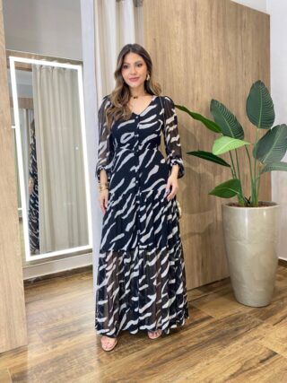 Chemise Feminino Tule Longo Manga Longa Riscado Transversal Preto - Fernanda Ramos Store