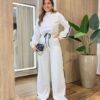 Conjunto Feminino Britney Cropped Manga Longa e Calça Off White - Fernanda Ramos Store