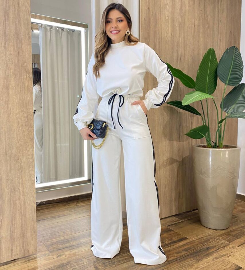 Conjunto Feminino Britney Cropped Manga Longa e Calça Off White - Fernanda Ramos Store