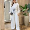 Conjunto Feminino Britney Cropped Manga Longa e Calça Off White - Fernanda Ramos Store