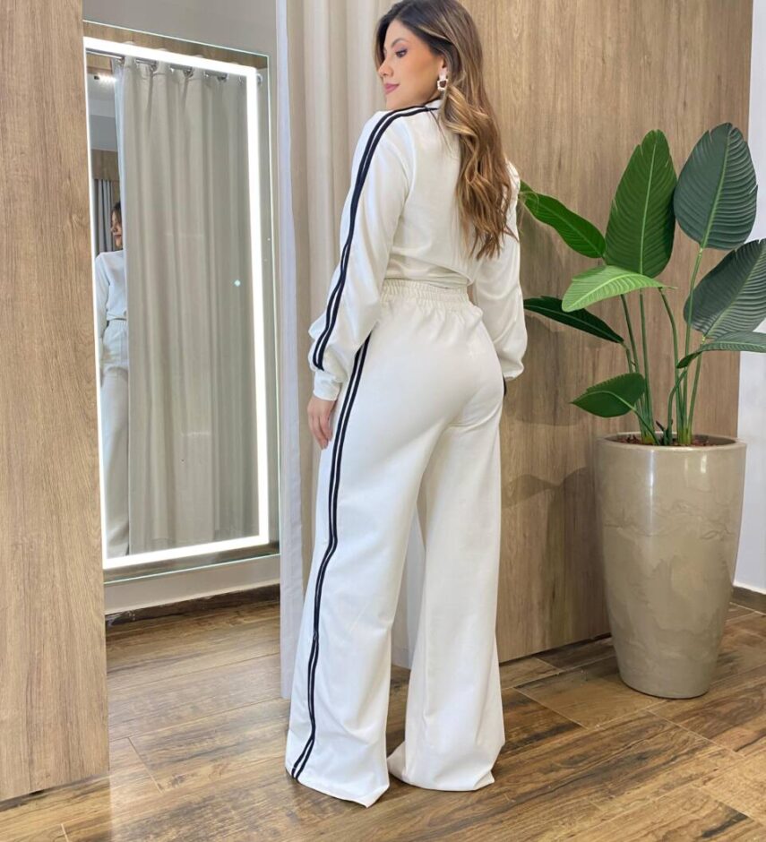 Conjunto Feminino Britney Cropped Manga Longa e Calça Off White - Fernanda Ramos Store