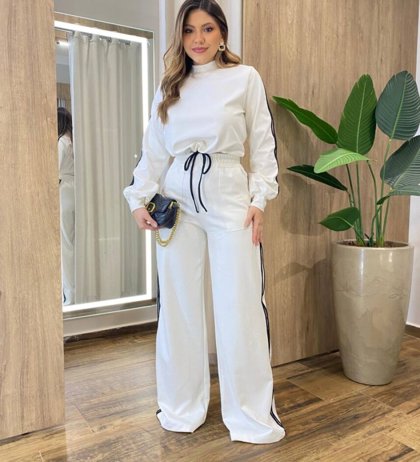 Conjunto Feminino Britney Cropped Manga Longa e Calça Off White - Fernanda Ramos Store
