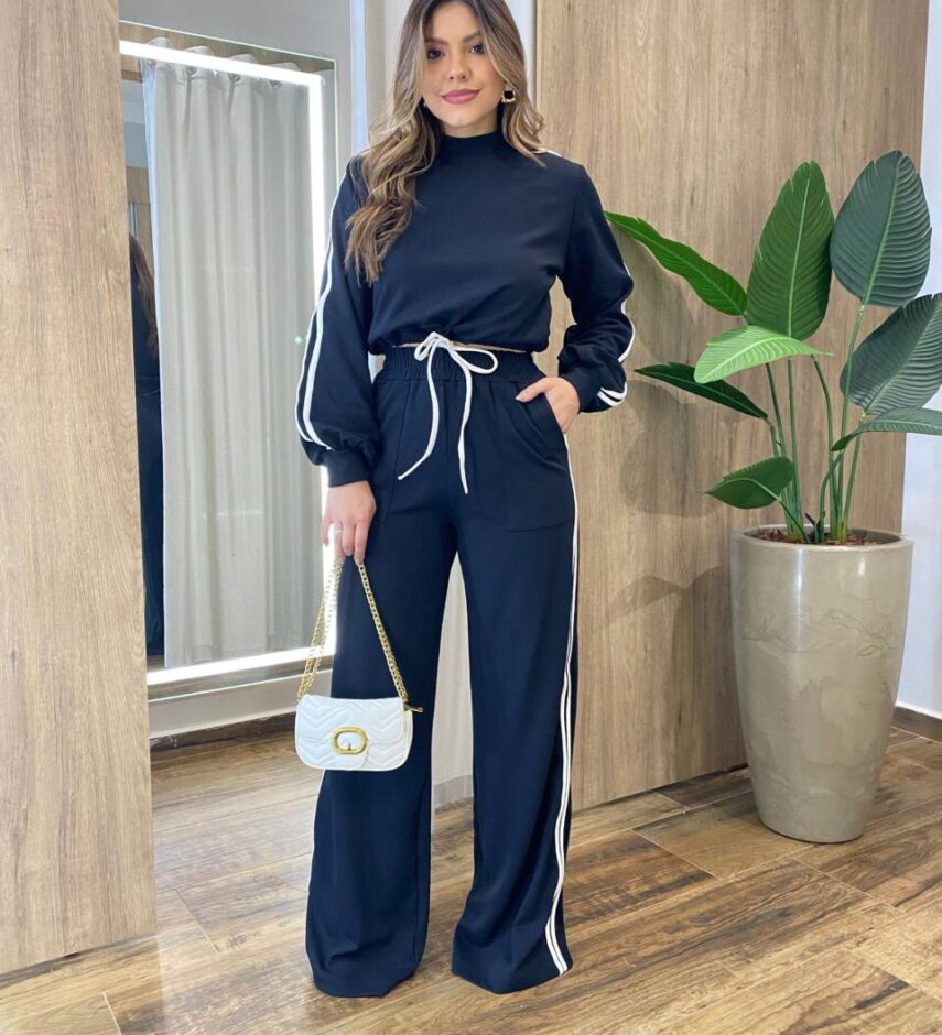 Conjunto Feminino Britney Cropped Manga Longa e Calça Preta - Fernanda Ramos Store