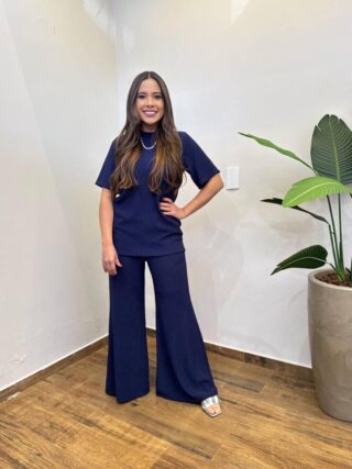 Conjunto Feminino Comfy Blusa e Calça Canelado Azul Marinho - Fernanda Ramos Store