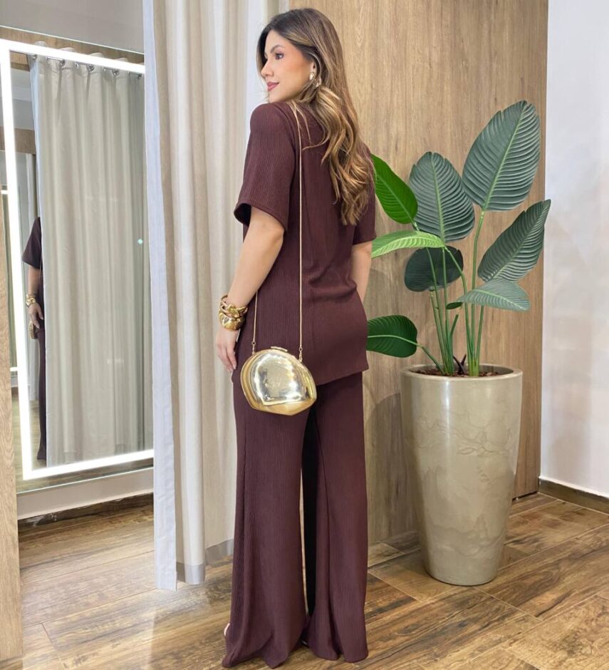 Conjunto Feminino Comfy Blusa e Calça Canelado Marrom - Fernanda Ramos Store