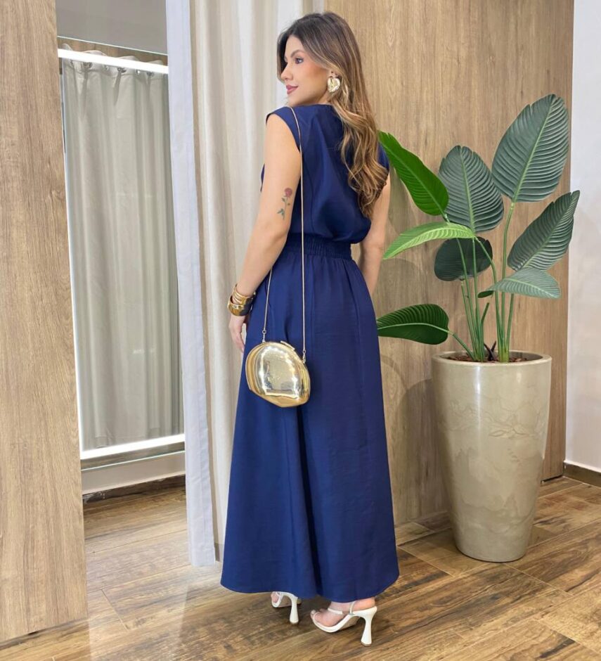 Conjunto Feminino Cris Blusa Manga Muscle e Saia Longa Azul Marinho - Fernanda Ramos Store
