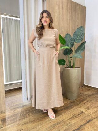 Conjunto Feminino Cris Blusa Manga Muscle e Saia Longa Nude - Fernanda Ramos Store