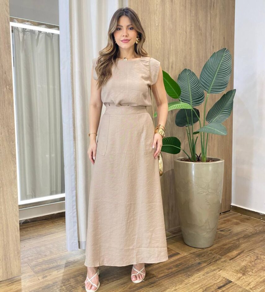 Conjunto Feminino Cris Blusa Manga Muscle e Saia Longa Nude - Fernanda Ramos Store