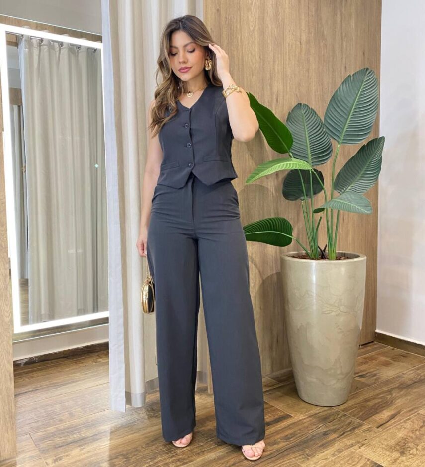Conjunto Feminino Erica Colete Bolso Falso e Calça Chumbo - Fernanda Ramos Store