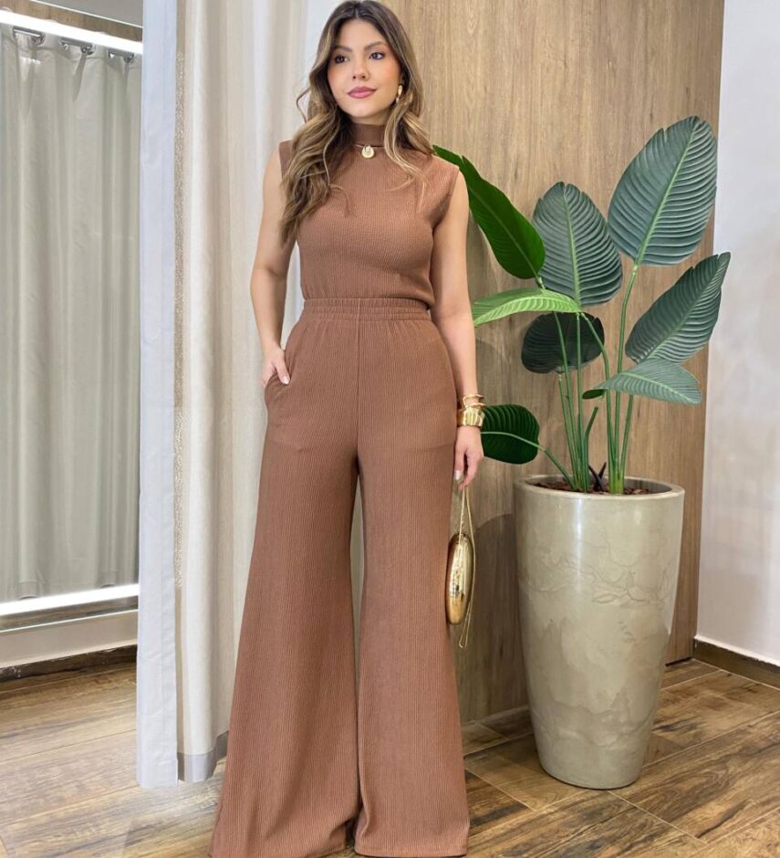 Conjunto Feminino Rose Comfy Regata Gola e Calça Canelado Caramelo - Fernanda Ramos Store