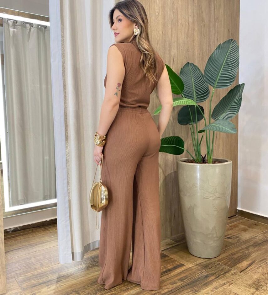 Conjunto Feminino Rose Comfy Regata Gola e Calça Canelado Caramelo - Fernanda Ramos Store