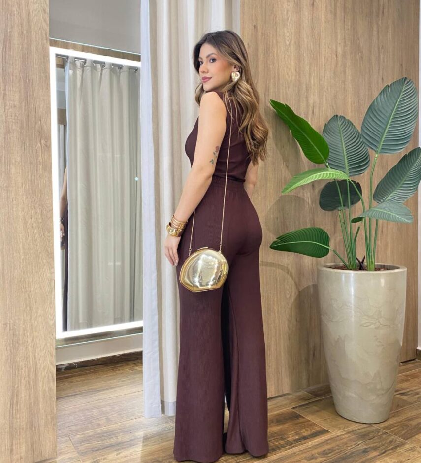 Conjunto Feminino Rose Comfy Regata Gola e Calça Canelado Marrom - Fernanda Ramos Store