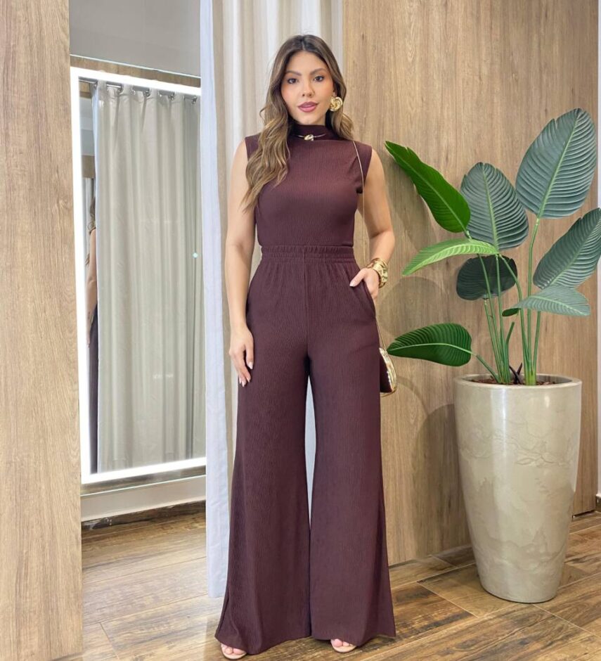 Conjunto Feminino Rose Comfy Regata Gola e Calça Canelado Marrom - Fernanda Ramos Store