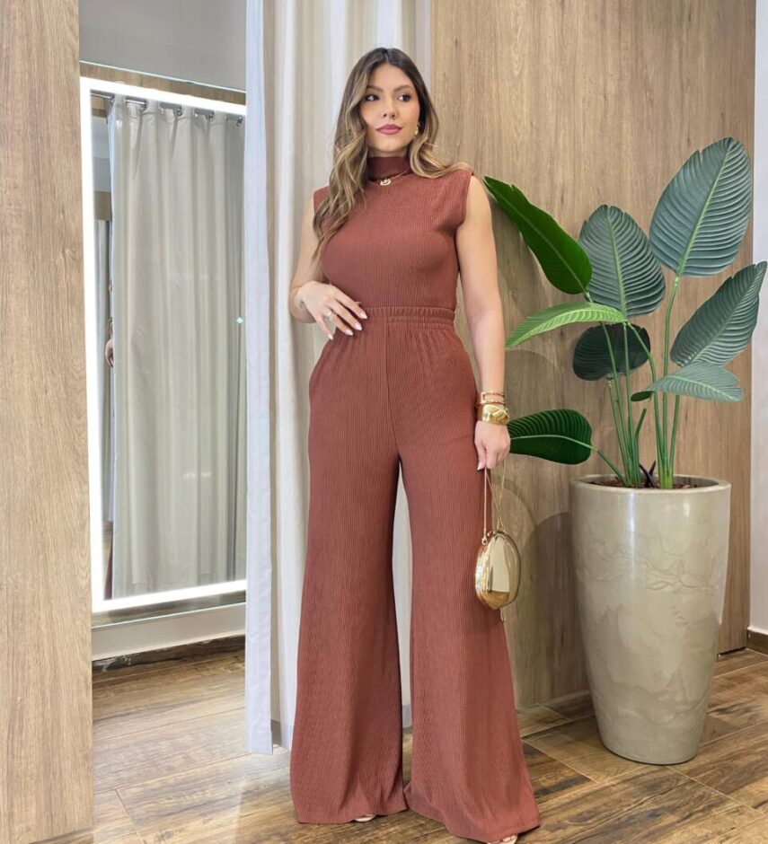 Conjunto Feminino Rose Comfy Regata Gola e Calça Canelado Terra - Fernanda Ramos Store