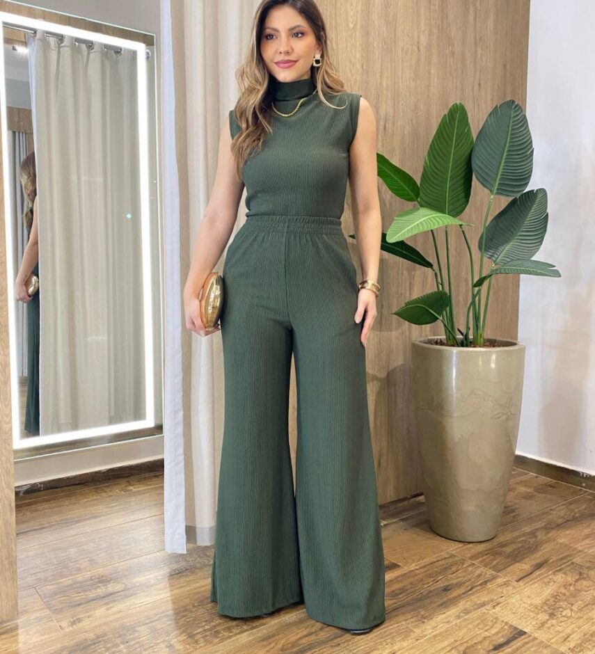 Conjunto Feminino Rose Comfy Regata Gola e Calça Canelado Verde - Fernanda Ramos Store