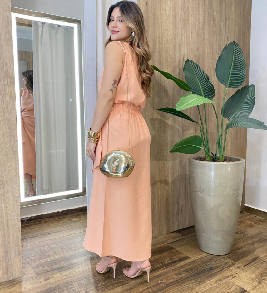 Conjunto Feminino Vera Regata e Saia Midi com Amarralção Salmão - Fernanda Ramos Store
