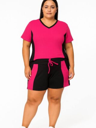 Conjunto Maria Plus Blusa Manga Curta e Short com Detalhe Pink - Fernanda Ramos Store