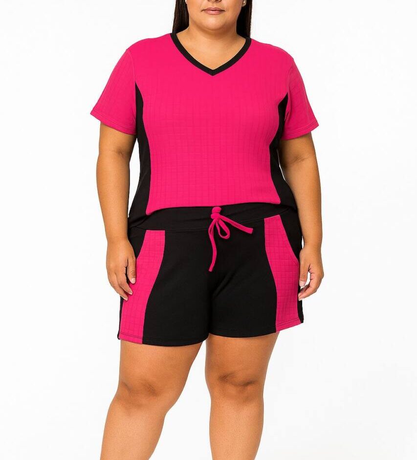 Conjunto Maria Plus Blusa Manga Curta e Short com Detalhe Pink - Fernanda Ramos Store