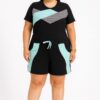 Conjunto Plus Blusa Manga Curta com Faixas Azul Mar e Short Preto - Fernanda Ramos Store