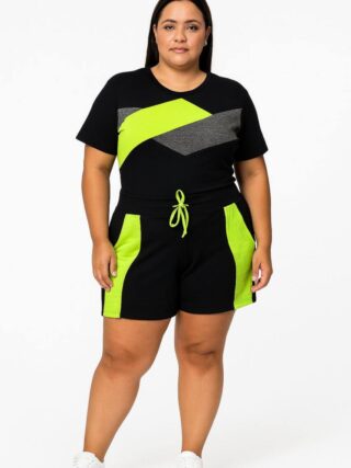 Conjunto Plus Blusa Manga Curta com Faixas Verde e Short Preto - Fernanda Ramos Store
