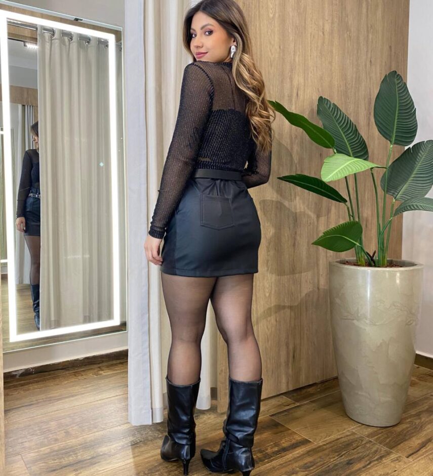 Cropped Feminino sem Bojo Manga Longa Tule Fio Lurex Preto - Fernanda Ramos Store