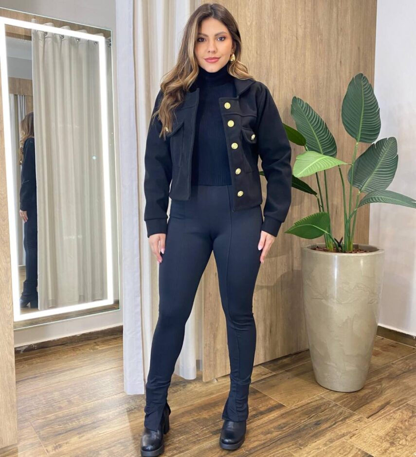 Jaqueta Feminina Lã Batida com Botões Dourado Preto - Fernanda Ramos Store