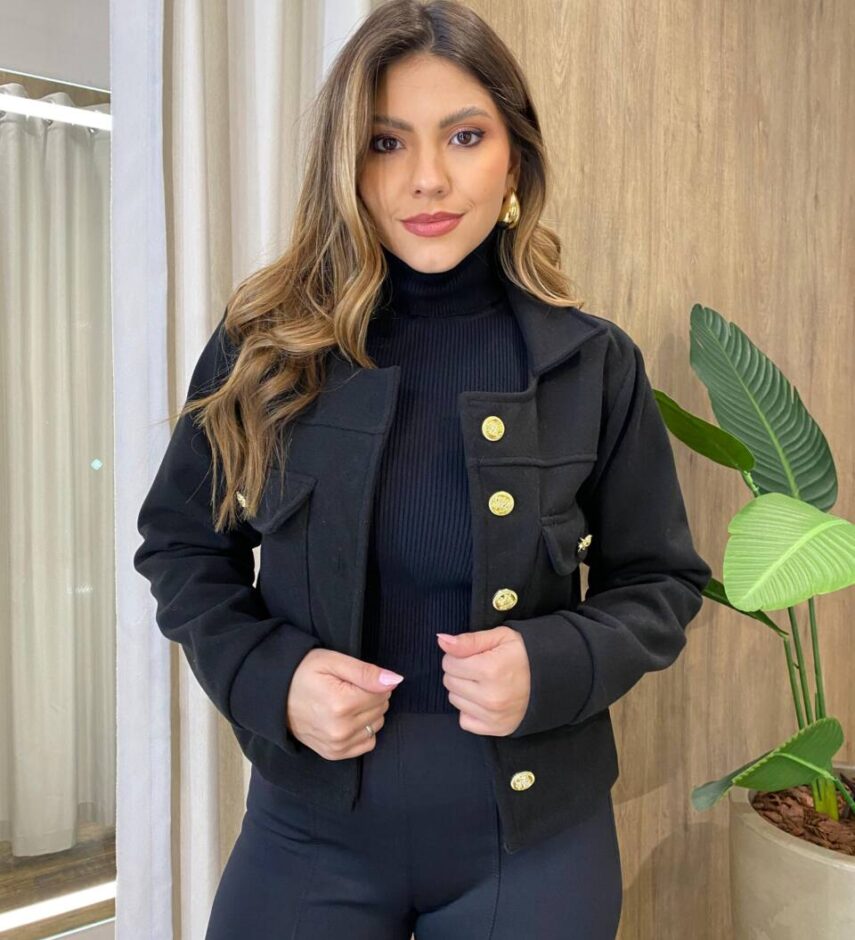 Jaqueta Feminina Lã Batida com Botões Dourado Preto - Fernanda Ramos Store