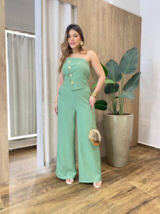 Macacão Longo Feminino Angelina com Bojo Detalhe em Botões Verde - Fernanda Ramos Store