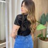 Max Cropped Feminino Manga Curta em Tule Preto - Fernanda Ramos Store