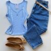 Regata Feminina Canelada Suellen com Detalhes e Botões Azul Bebê - Fernanda Ramos Store