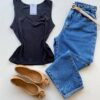 Regata Feminina Canelada Suellen com Detalhes e Botões Preta - Fernanda Ramos Store