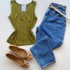 Regata Feminina Canelada Suellen com Detalhes e Botões Verde - Fernanda Ramos Store